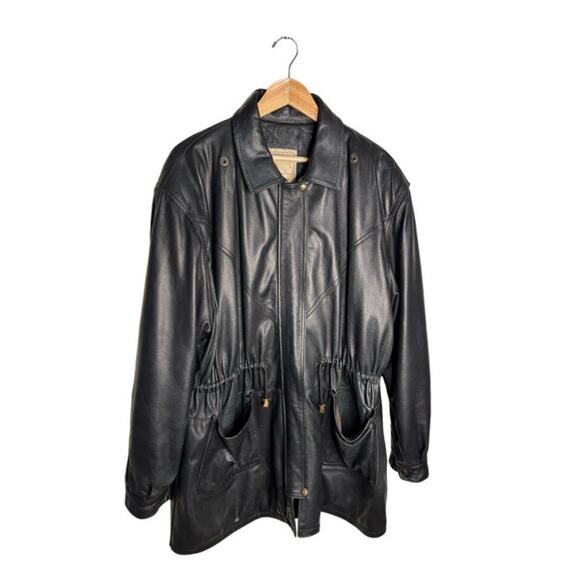 Vintage Echtes Leder Leather Jacket Black Knee Length Cinched Waist Size XL - Picture 1 of 13